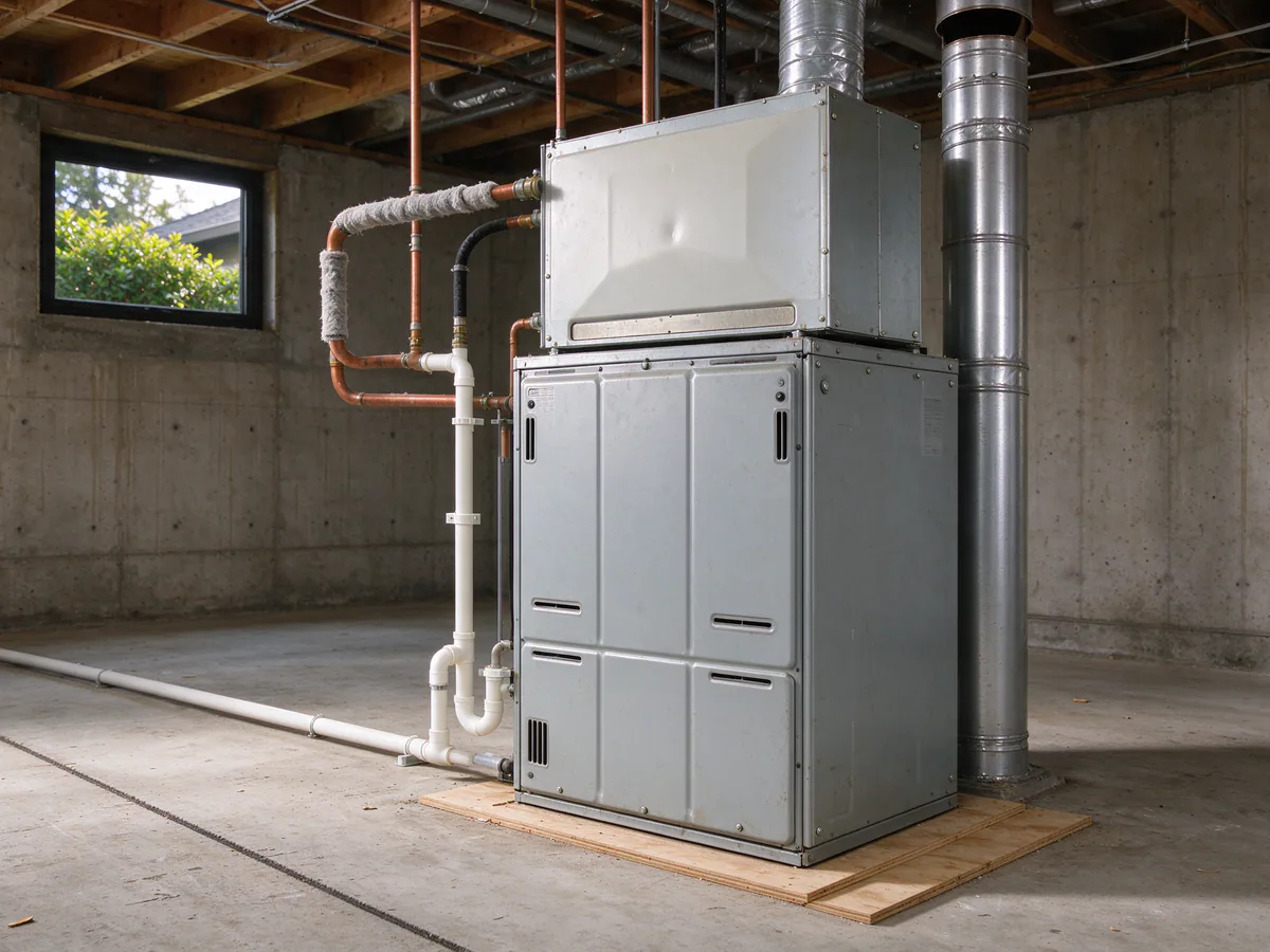 Gas furnace with a heat pump indoor coil mounted on top