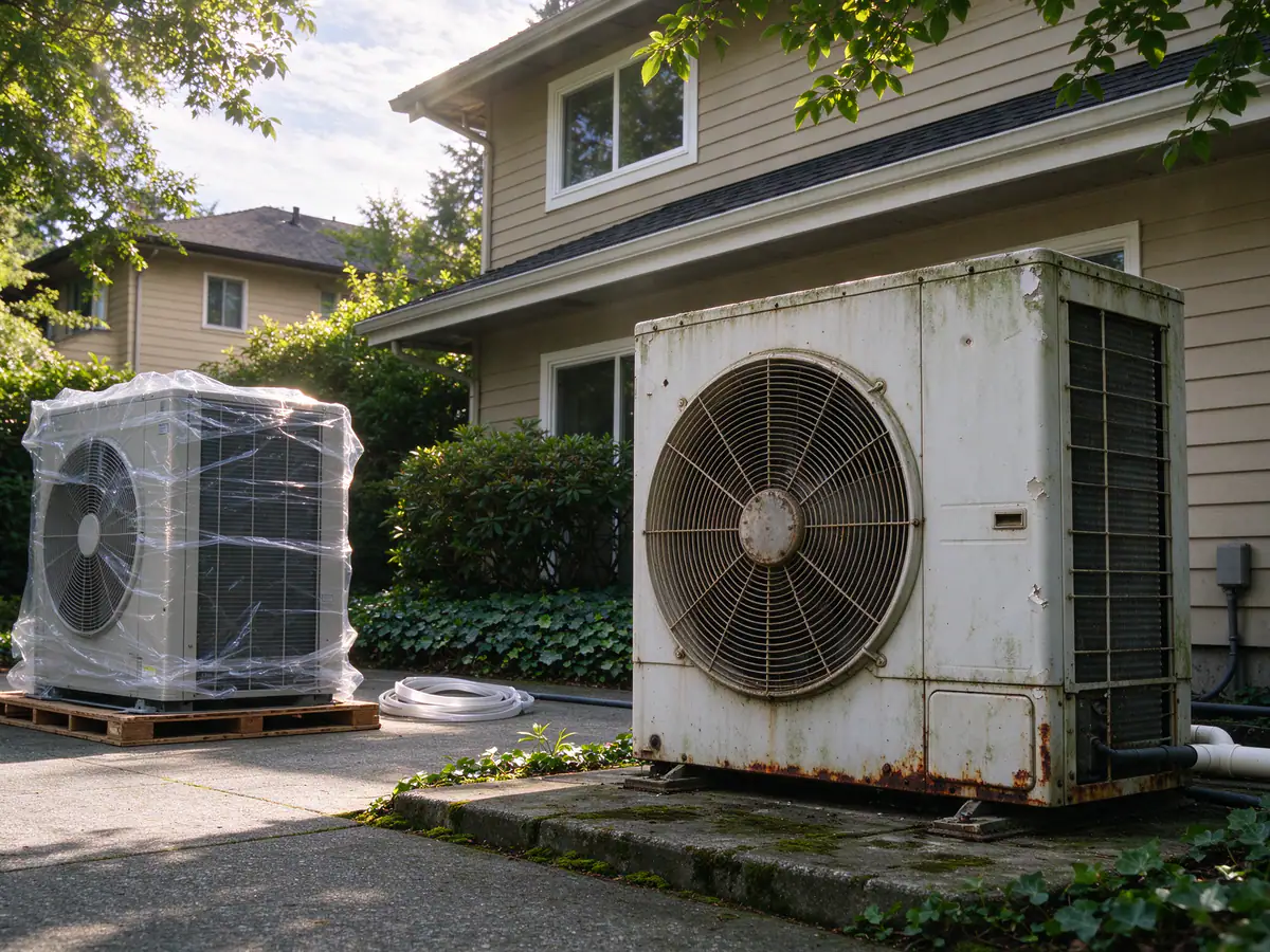 Old heat pump outdoor unit being disconnected for replacement