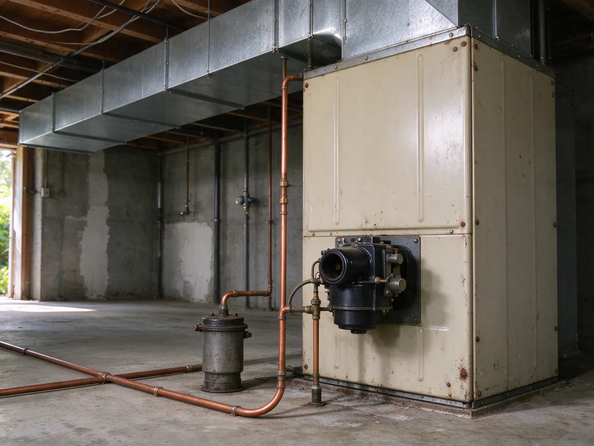 Old oil furnace in a basement before removal